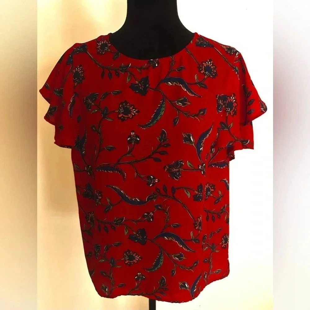 Anthropologie W5 Women’s Red/Blue Flutter Sleeve Blouse - Size L